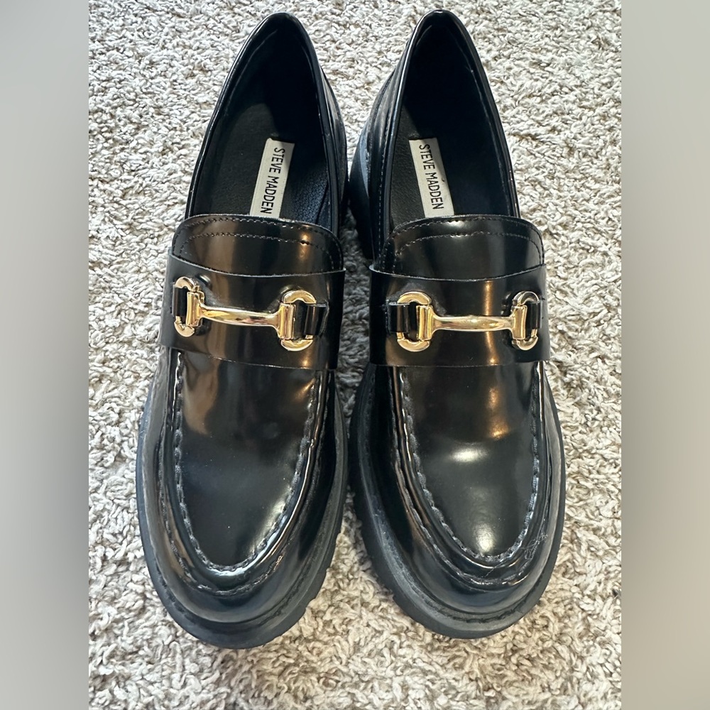 Steve Madden Levett  Glossy Black Loafers with Gold Accent